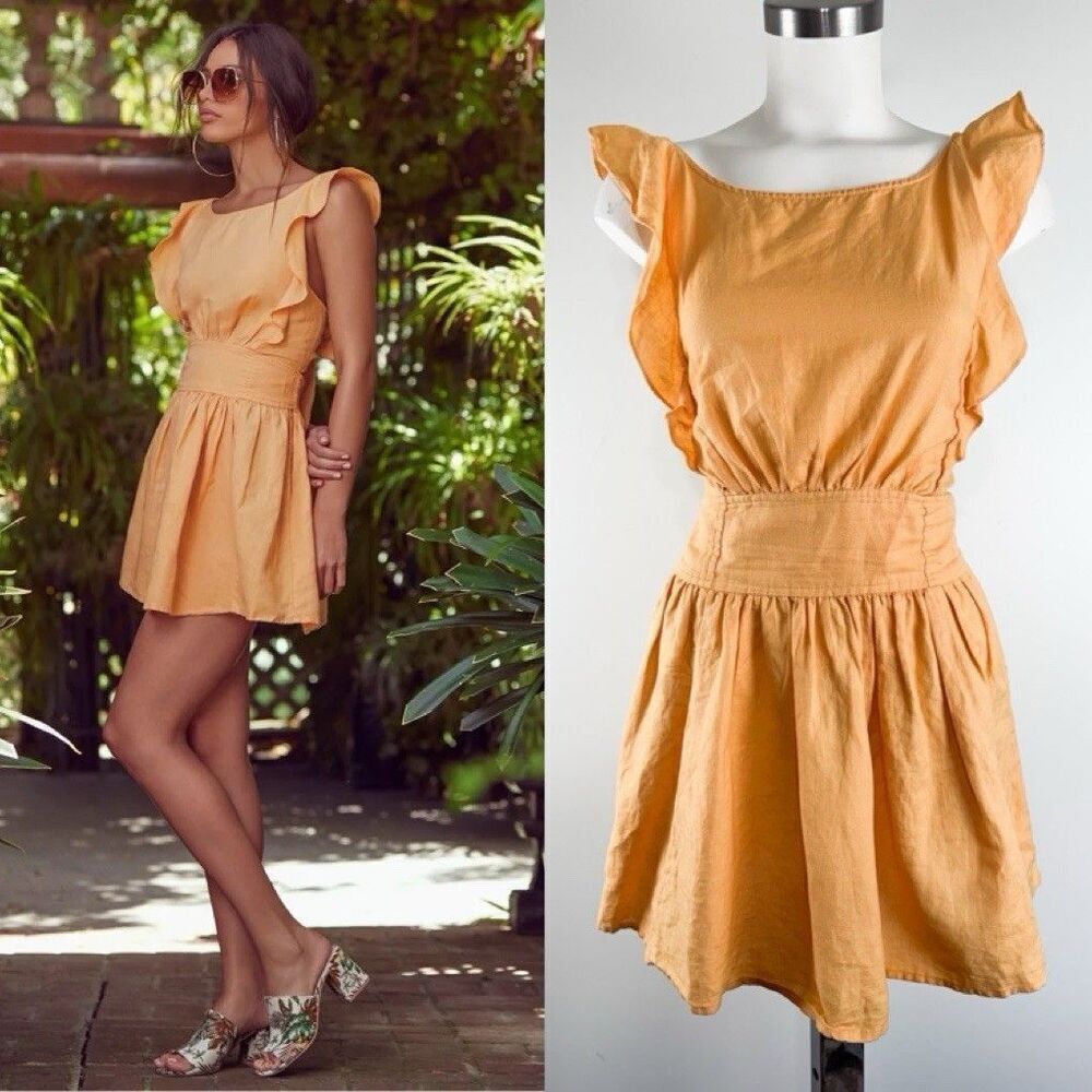 FREE PEOPLE Erin Golden linen blend Tie-Back Skater Dress Resort Vacation